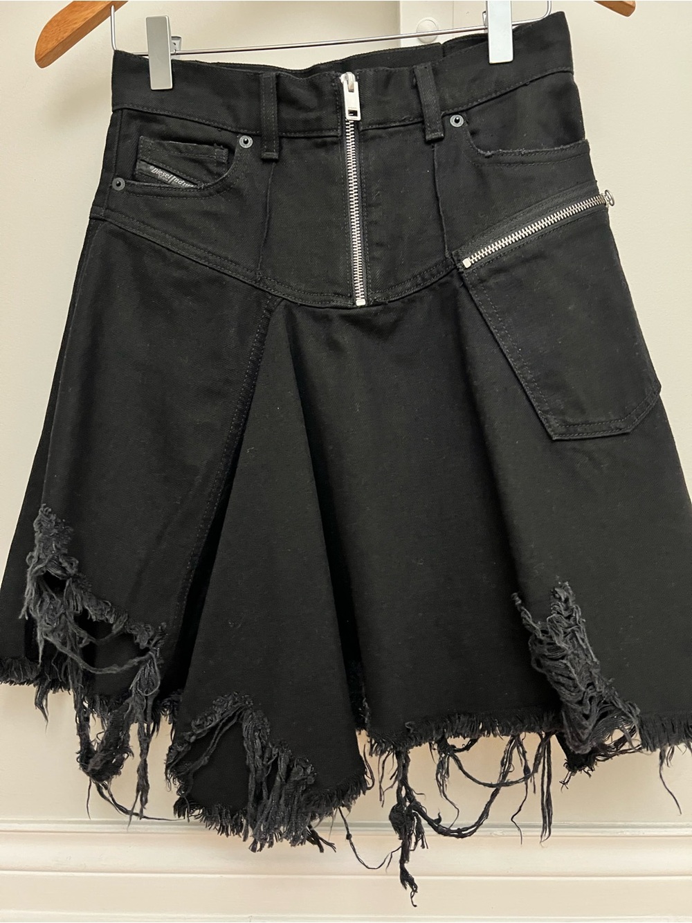 Diesel Black denim  high waisted Distressed Zip-Front Skater Skirt